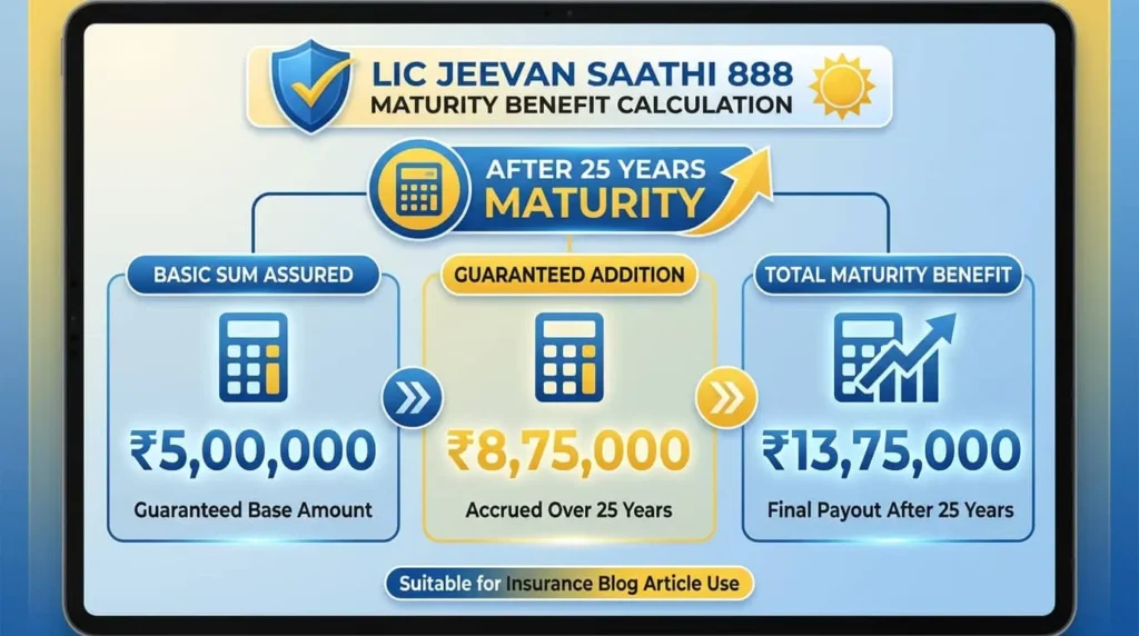 LIC Jeevan Saathi 888 maturity benefit calculation for ₹5 lakh sum assured